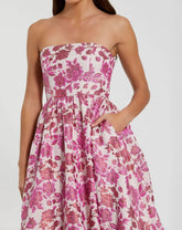 Pink Floral Brocade Strapless A Line Midi Dress